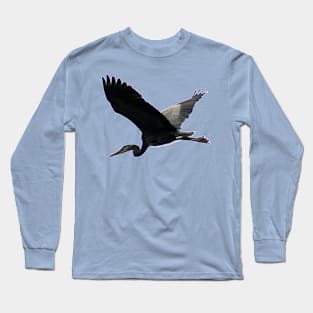 Great Blue Heron Flying Past the Clouds Above Trojan Pond Long Sleeve T-Shirt